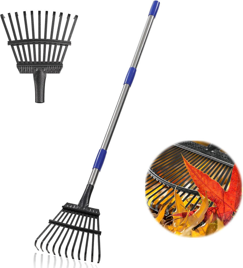 Compact metal leaf rake with long adjustable handle for yard cleanup Compact metal leaf rake with long adjustable handle for yard cleanup
