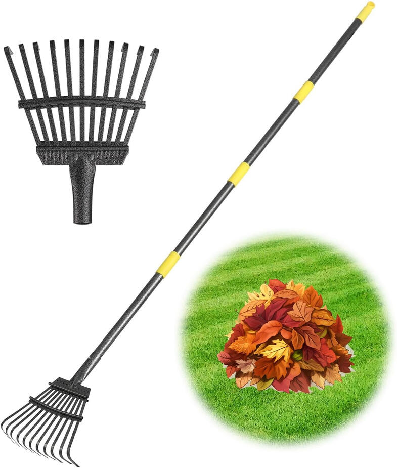 Small garden leaf rake with adjustable metal handle for tight spaces