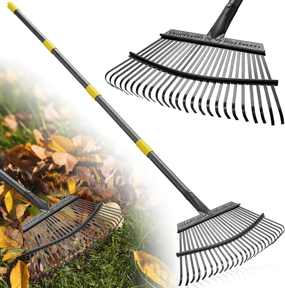 Wide metal leaf rake for lawn and yard leaf cleanup