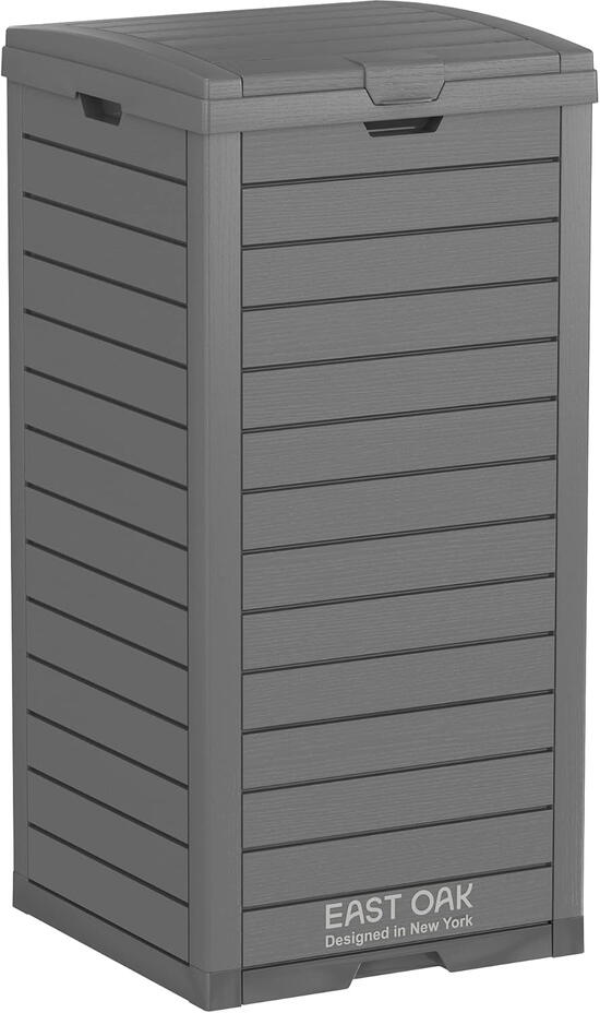 Outdoor resin trash bin with weather resistant lid for patio use Outdoor resin trash bin with weather resistant lid for patio use