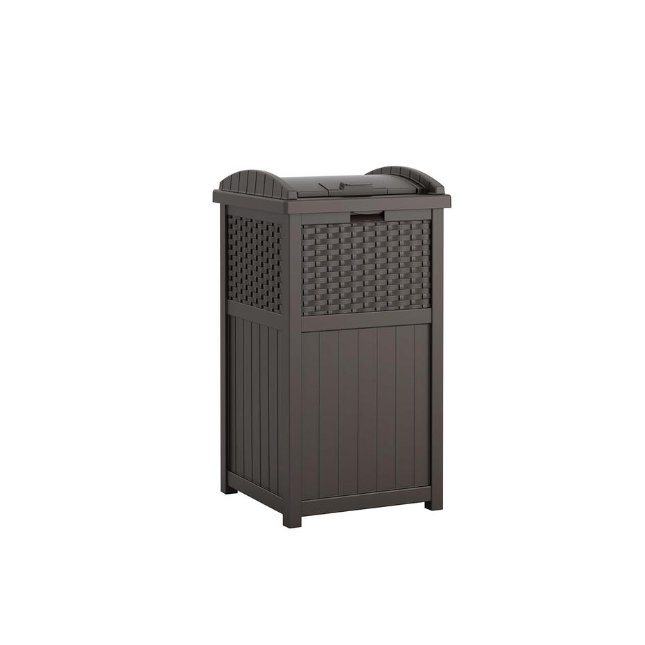 Decorative outdoor trash can with hinged lid for patio and garden